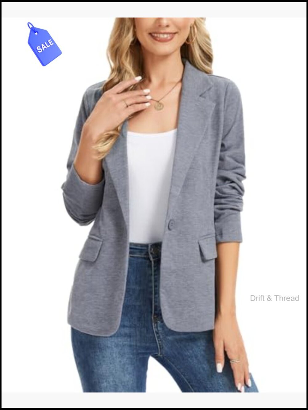 Long Sleeve Jersey Knit Blazer with Pockets, Notch Collar, Office Casual - Picture 3 of 7